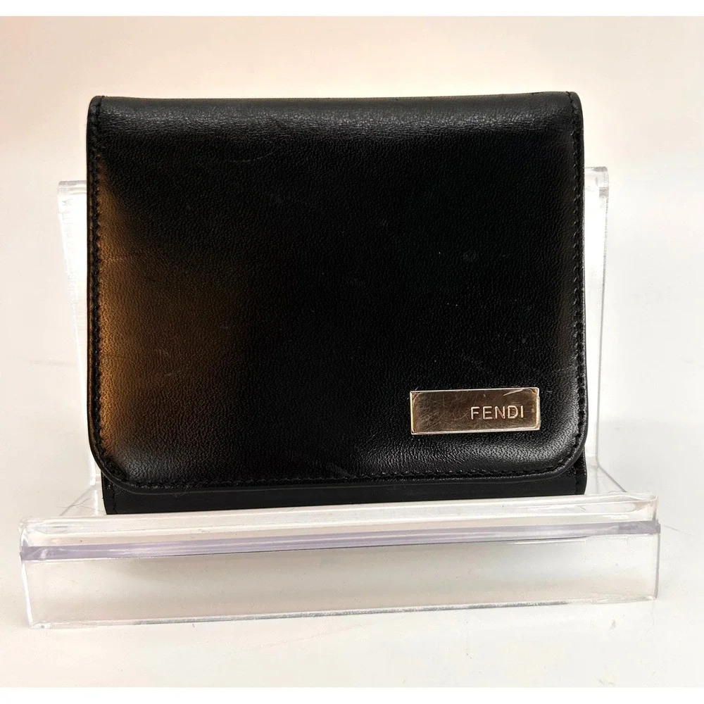 Fendi Black Leather‎ Trifold Wallet GHW Coin Snap Authentic